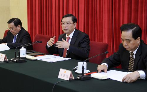 1月7日,中共中央政治局常委、全国人大常委会委员长张德江在北京出席中国人民代表大会制度理论研究会成立大会。新华社记者 张铎 摄