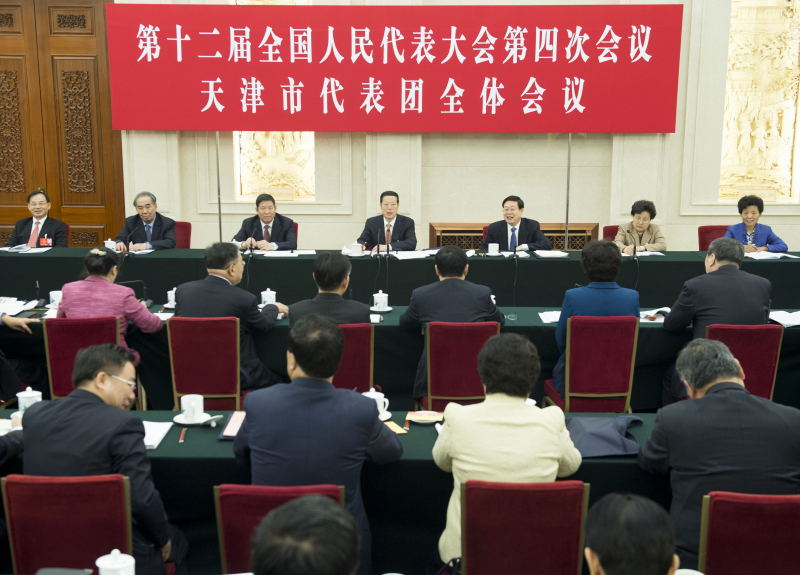 3月6日，中共中央政治局常委、江南平台入口
副总理张高丽参加十二届全国人大四次会议天津代表团的审议。新华社记者 王晔 摄